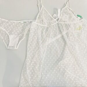 Honeydew NWT L Ivory Sheer Dot Mesh Babydoll Chemise & Panty Set Hearts Bow Back